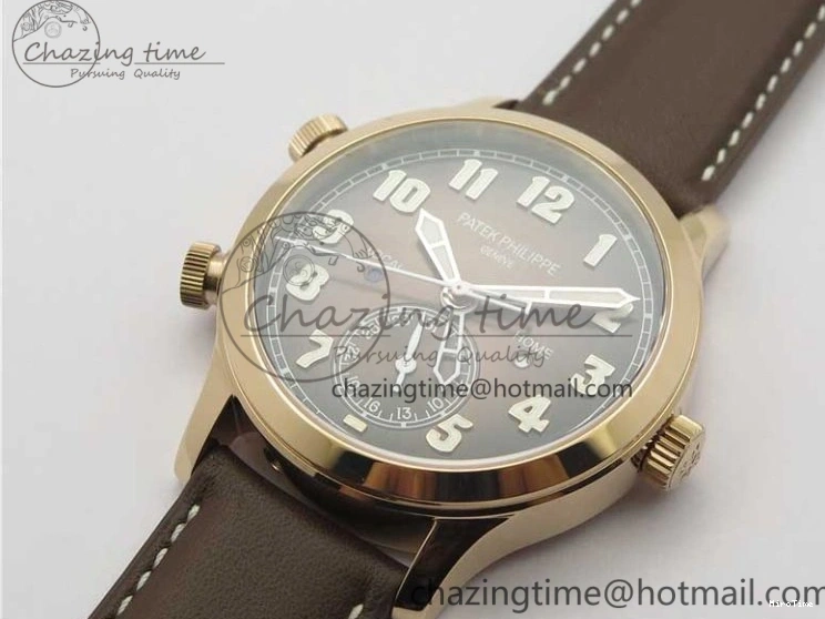 MIROTIME 0510 ZipUp Calatrava 5524R Pilot Travel Time RG GRF Brown Dial on Brown Leather Strap A324 V 7110